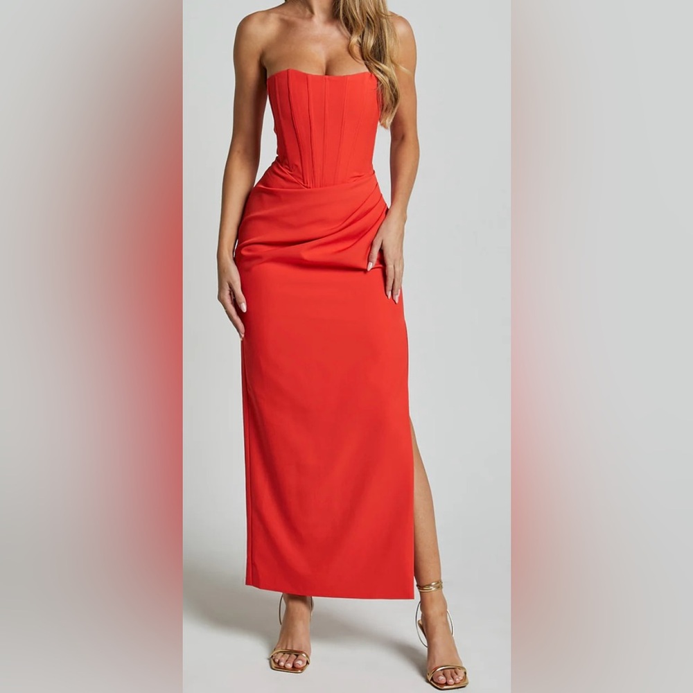 Strapless Draped Side Split Dress in Orange